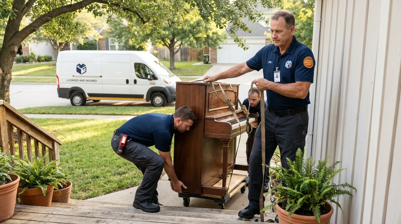 Licensed piano movers securing grand piano in Greenville, KY